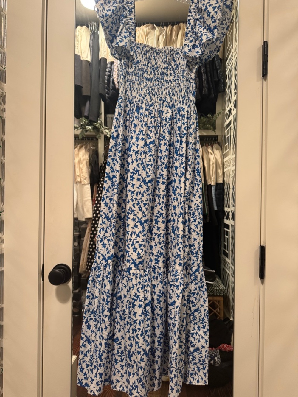 Blue Floral Maxi Dress with Smocked Bodice